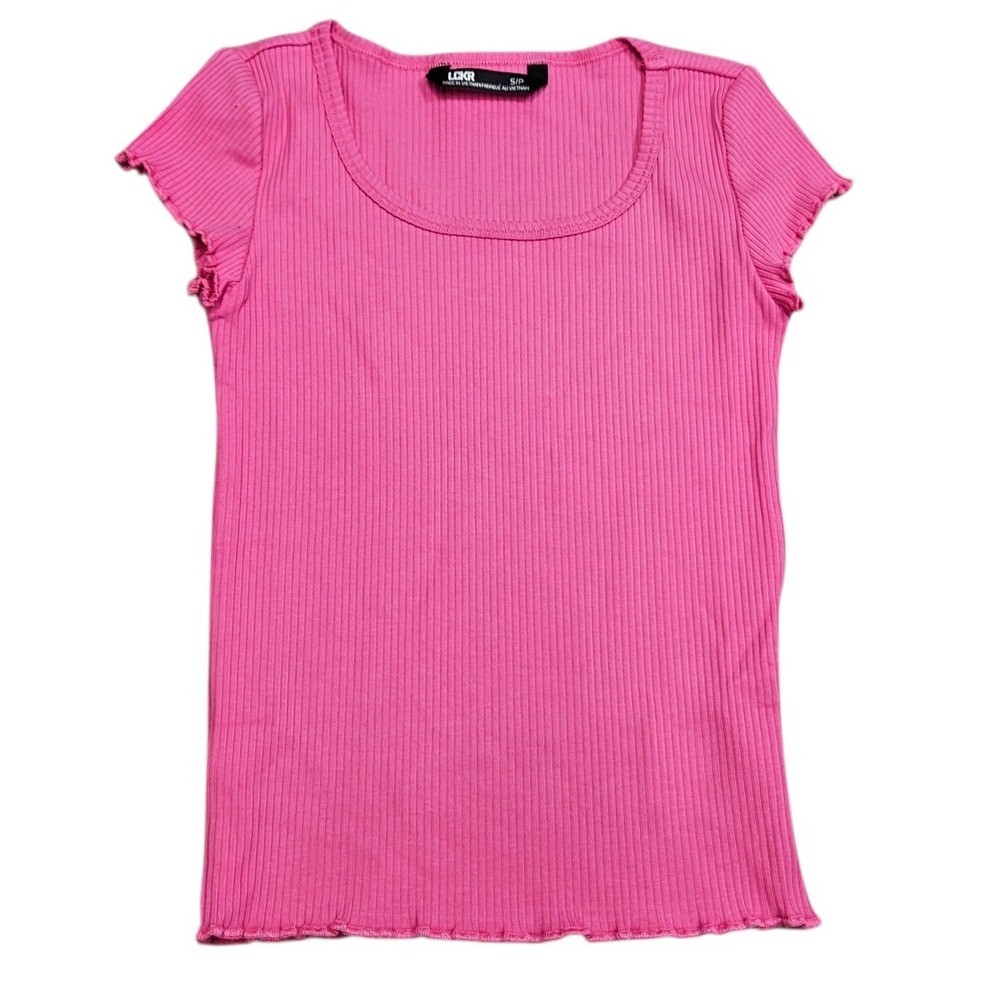 LCKR Ribbed T-Shirt Girls S 8-10 Pink Lettuce Edge Scoop Neck Casual Tee‎ Sporty